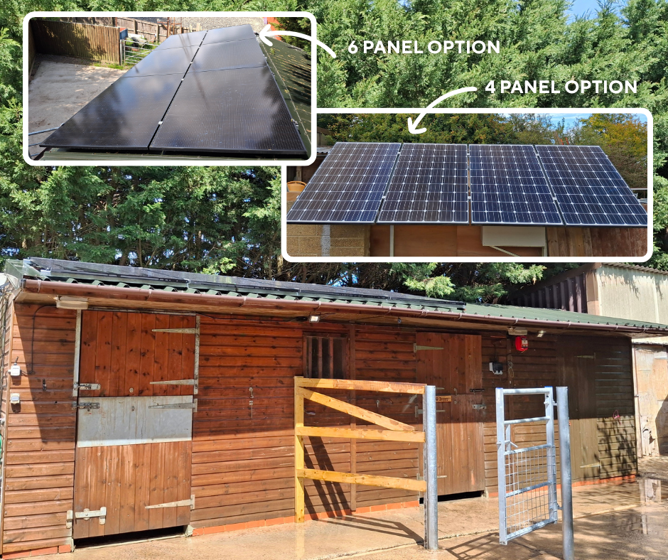 EquineSolar solar panel installation on a stable roof, showing the 6 panel and 4 panel options